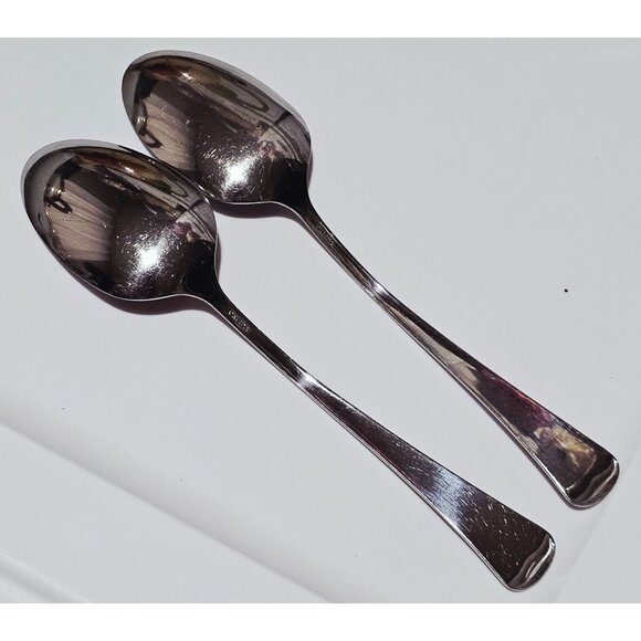 2 Oneida Distinction Serving Spoons 8" stainless glossy 2000s vtg MCM - Picture 3 of 7